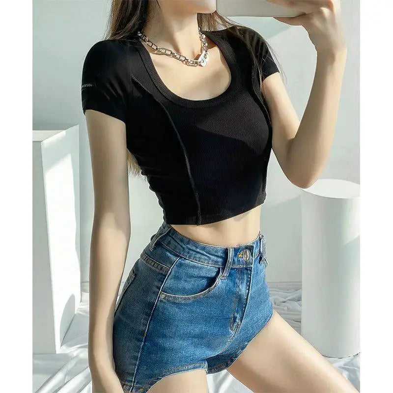 Retro Slim Tee Stylish Solid Color Short Sleeve Top