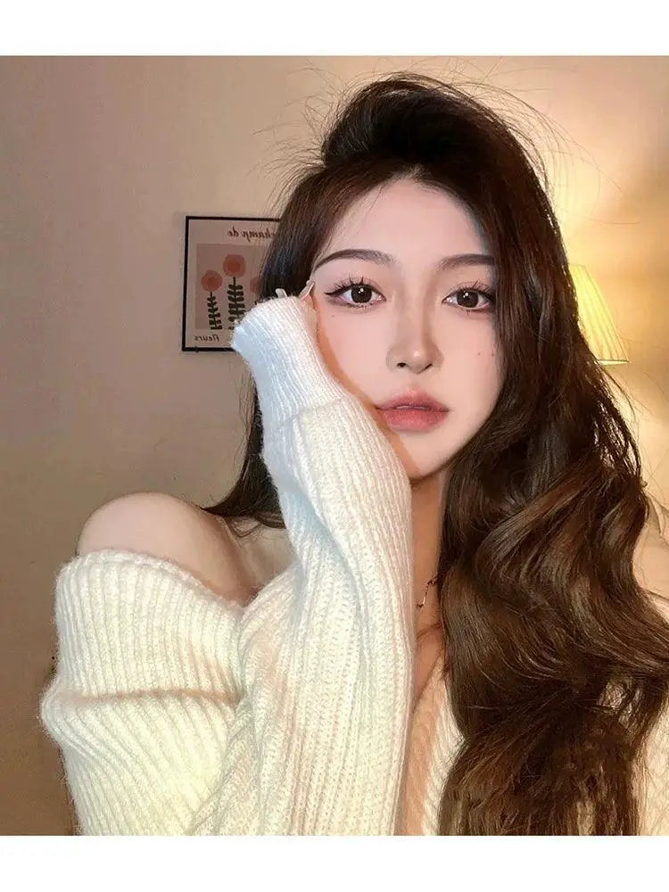 White Knit V Neck Sweater Off Shoulder Design Chic
