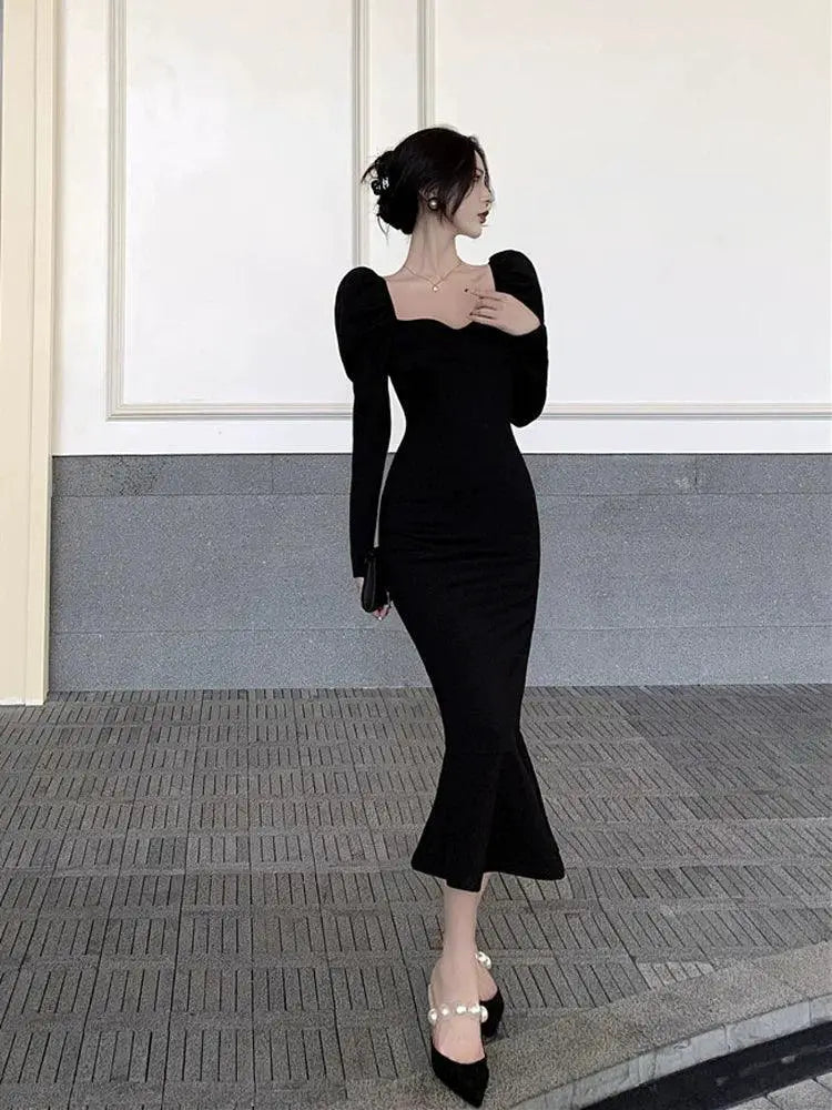 French Chic Black Fish Tail Dress Elegant Summer Fashion