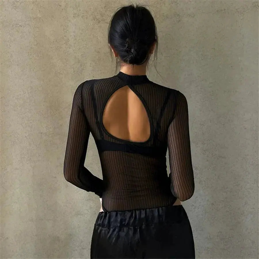 Chic Vertical Stripe Mesh T Shirt Trendsetting Autumn Style