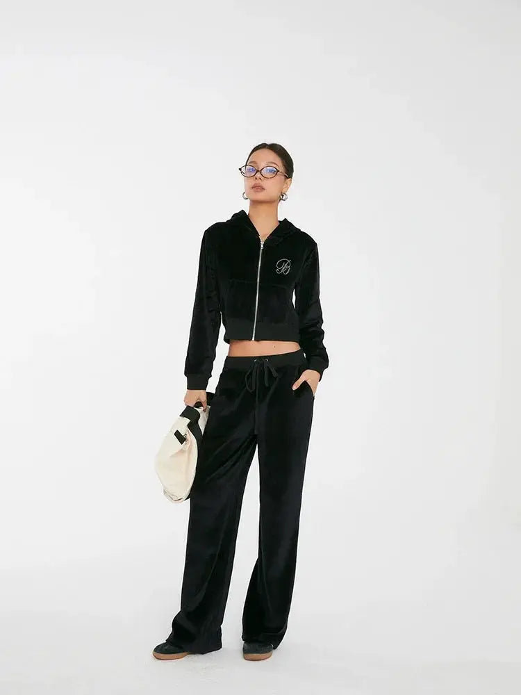 Discoglam Black Rhinestone Velvet Suit Cardigan And Pants