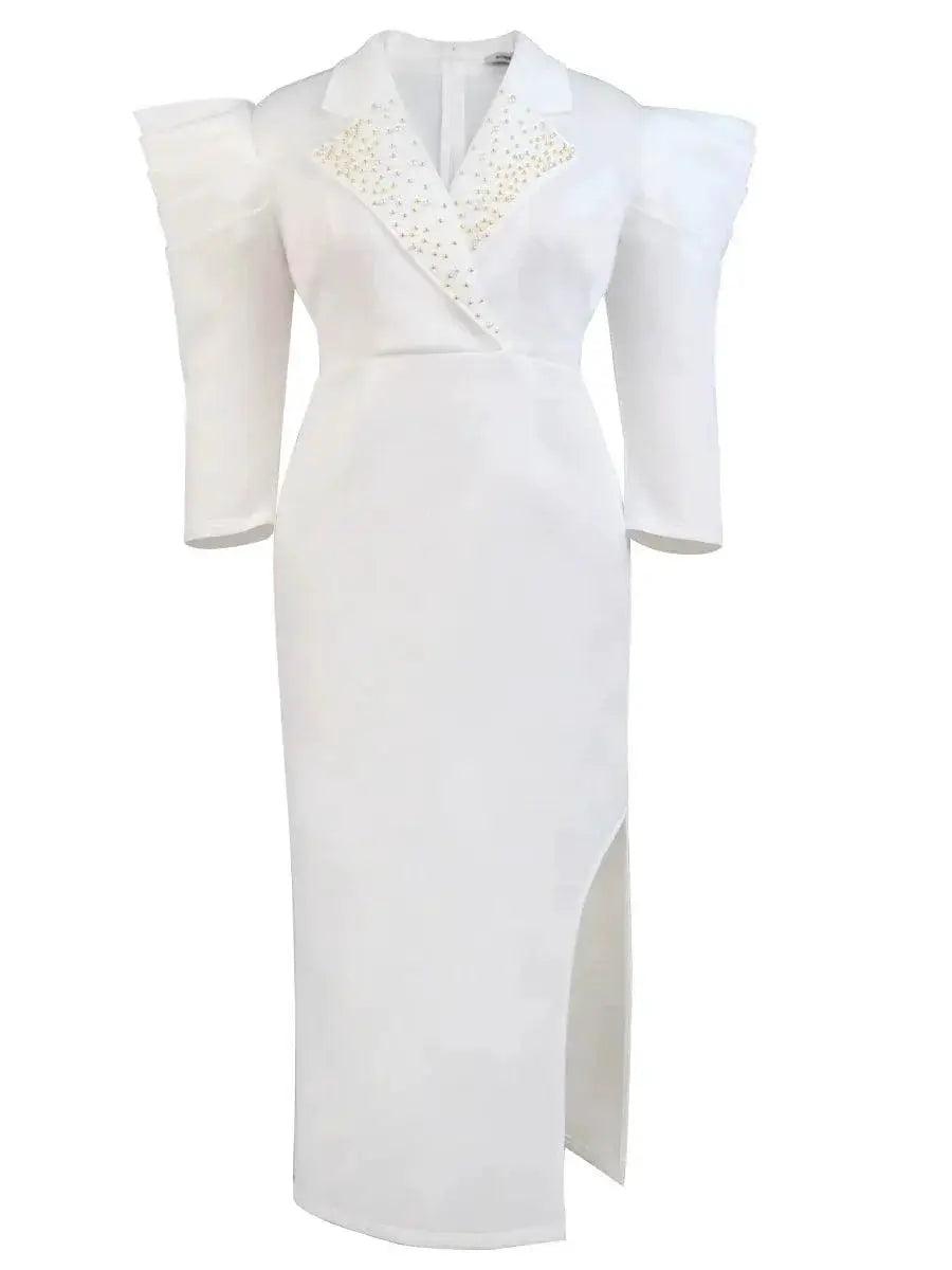 Plus Size Beaded Suit Collar Dress For Elegant Party