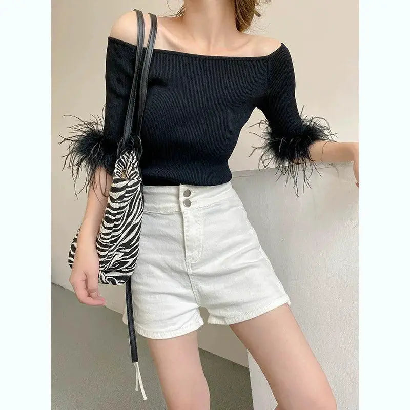 Feather Stitching Rayon Knit Off Shoulder Top Stylish Choice