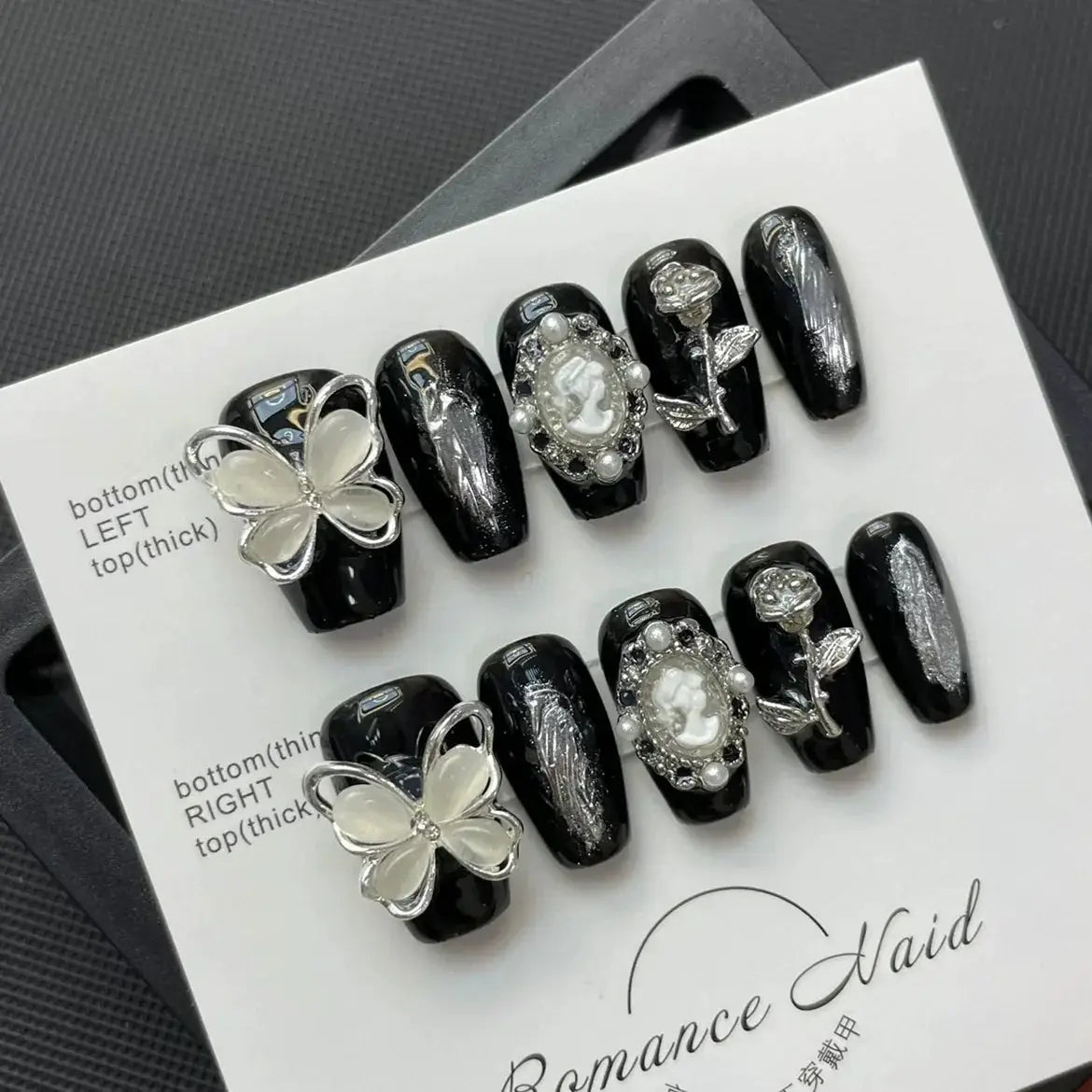 Real Shot Butterfly Rose Rhinestone Manicure Set Long Length
