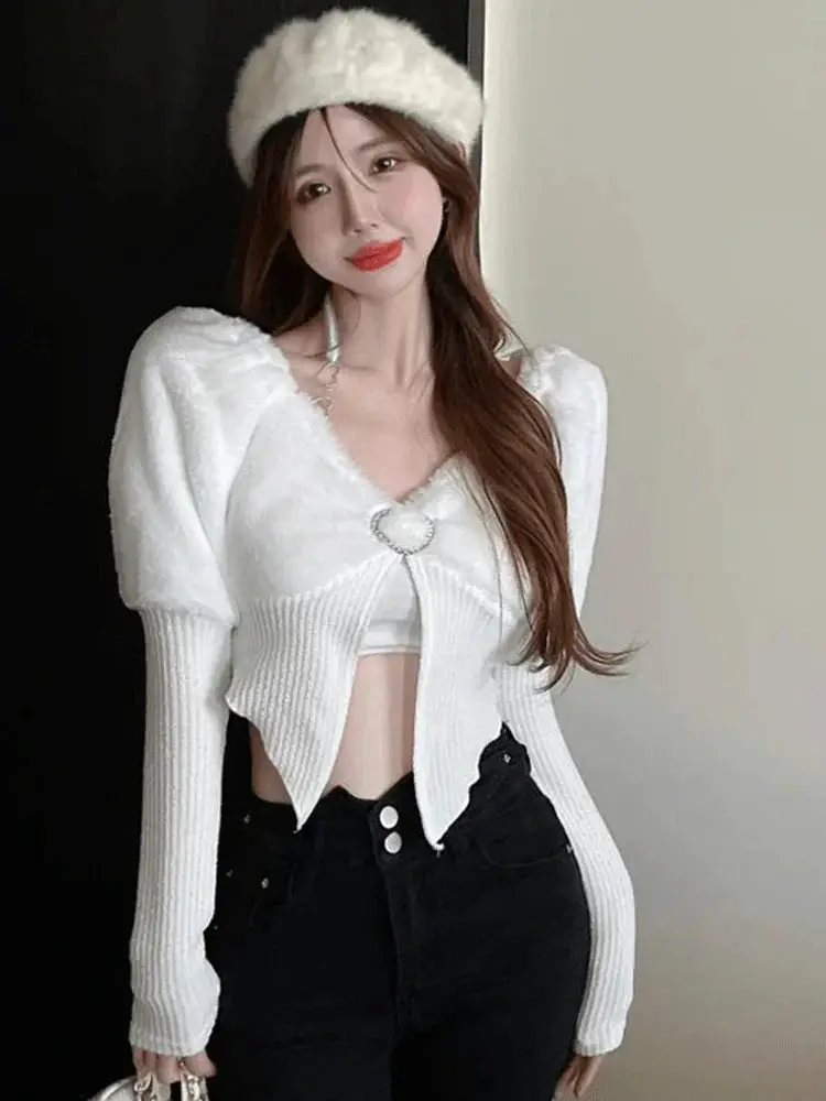 Modern Korean Style V Neck Halter Sweater Crop Top