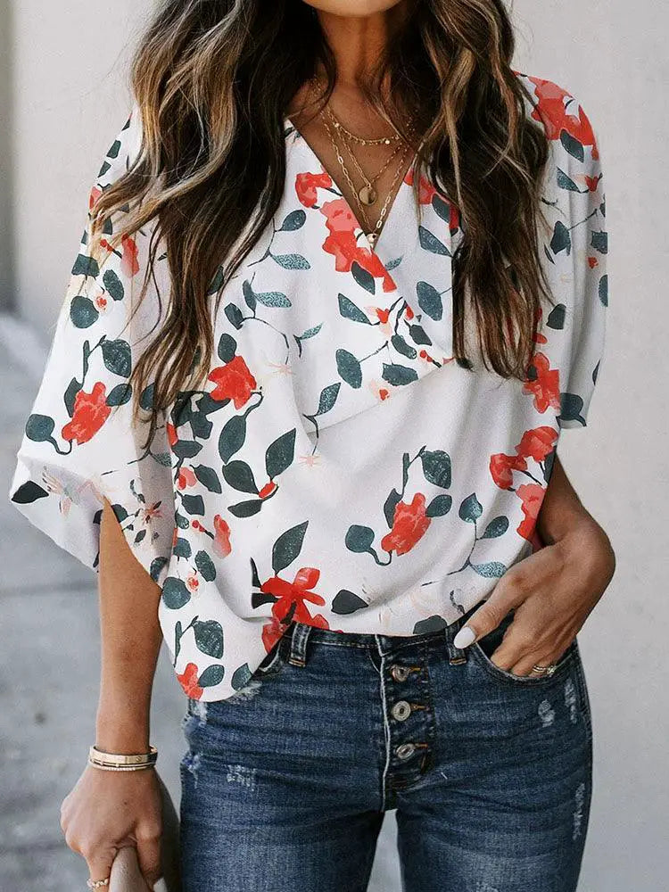 Loose Fit Pullover Floral Print Top Half Sleeve Summer