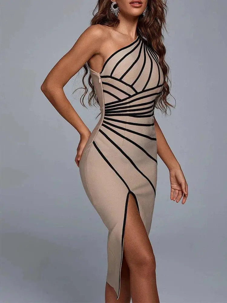 Elegant Bandage Dress One Shoulder Striped Apparel