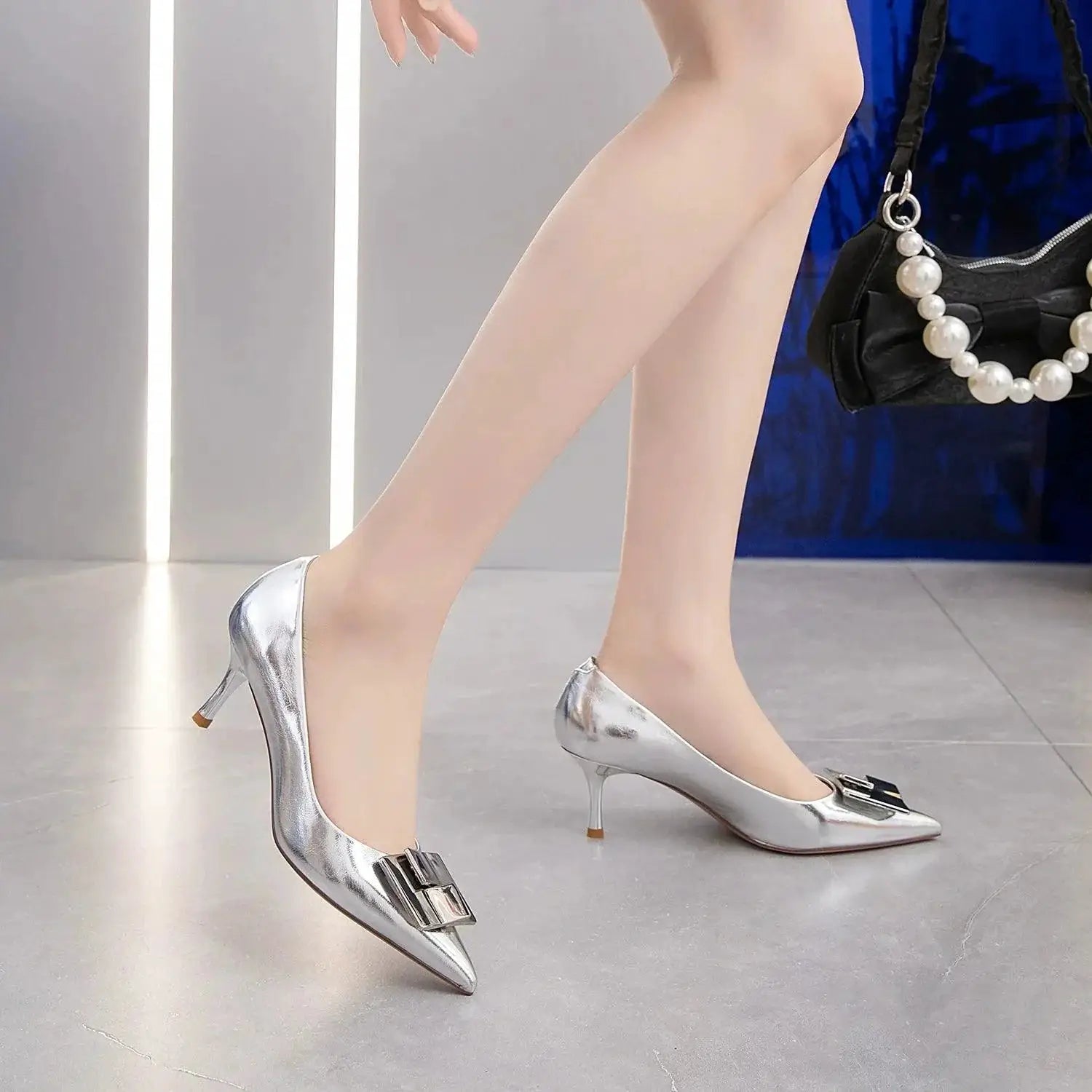 Silver Patent Leather Small Heel Shoes Elegant Europe Style