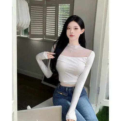 Trendy Mesh Patchwork Gray Turtleneck Autumn Essential