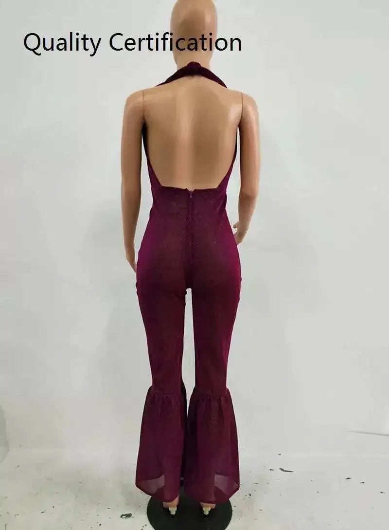 Nightclub Sparkly Backless Flared Catsuit Elegant Fashion