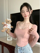 Elegant Lace Trim Nightwear Stylish Long Sleeve Top Chic