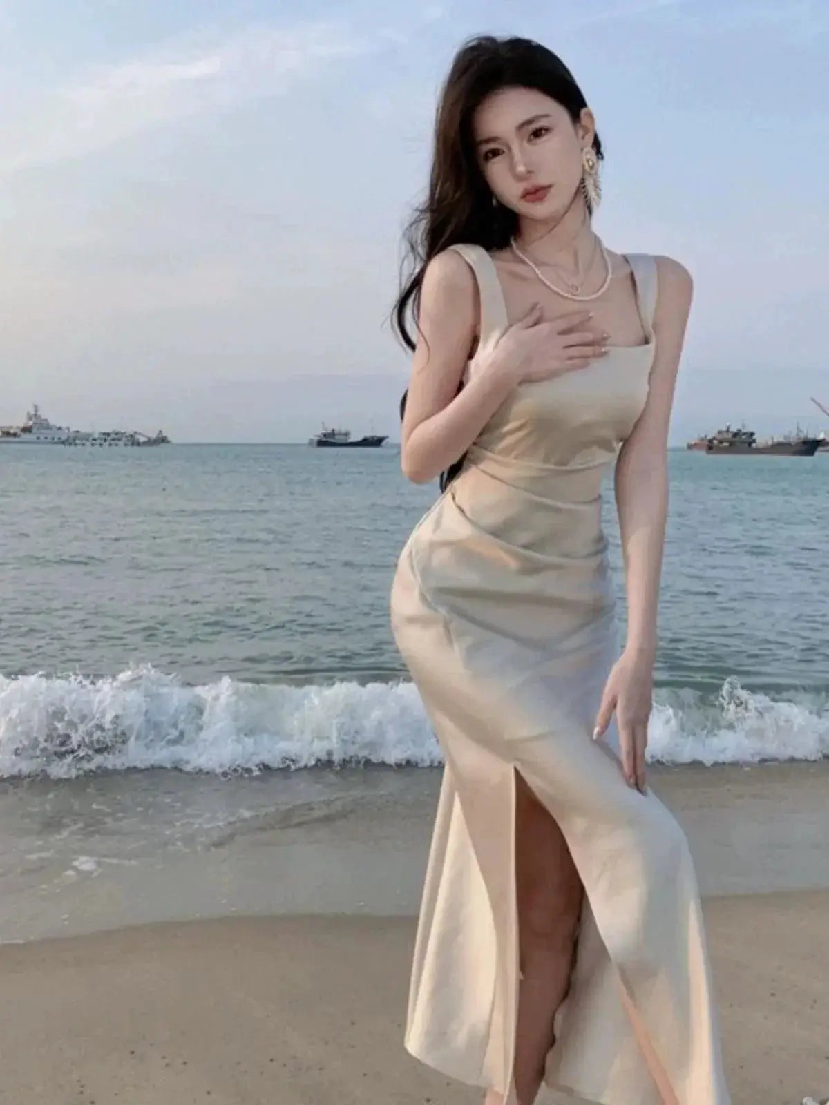 White Satin Sling Dress Chic Elegant Event Wear for Women