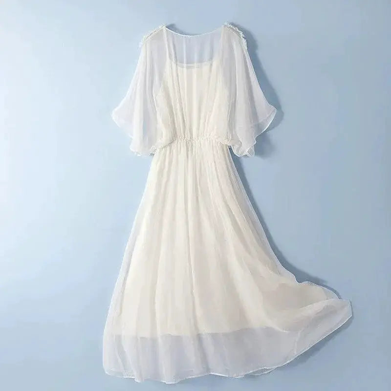 Famous Brand Elegant White Mulberry Silk Dress Slim Fit