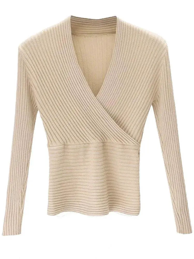 Sculpted Elegance Crossed V Neck Sweater for Women