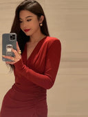 Elegant Red Sheath Dress Autumn Chic V-Neck Style Dress