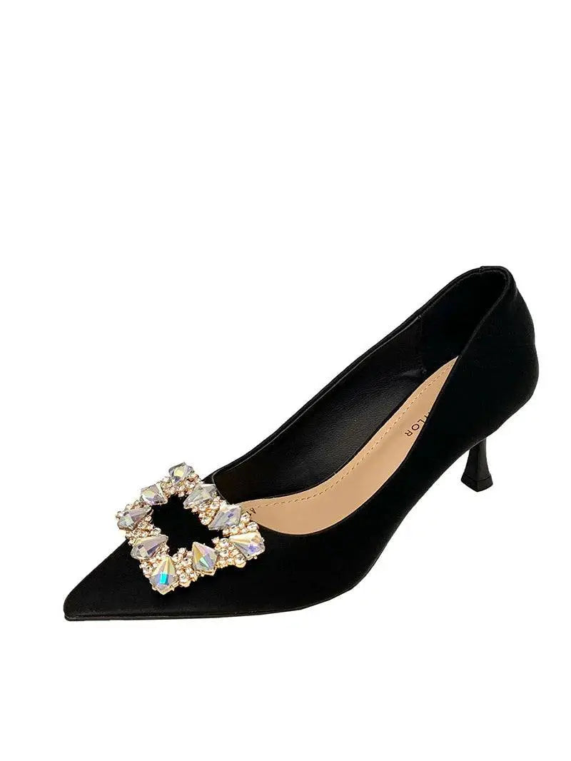 Black Flats With Rhinestone Square Buckle For Elegant Style