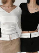 French Chic V-Neck Long Sleeve Top Streetwear Sophistication