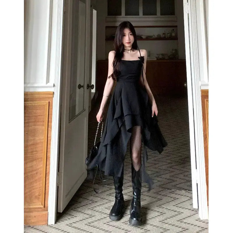 Women's Black Belly Cover Slim Suspender Dress 2023