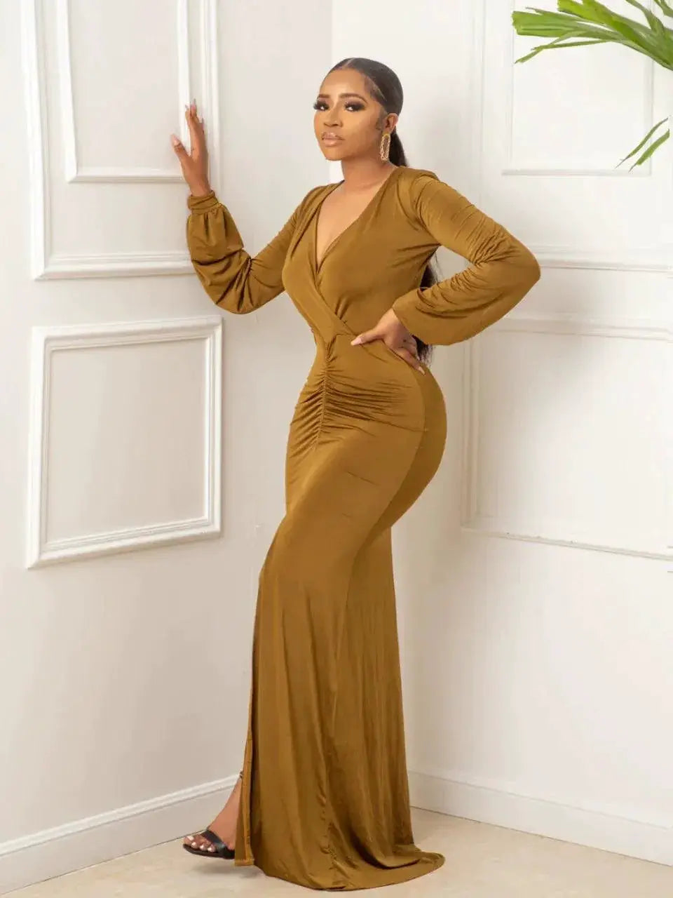 Spring Elegance Retro V Collar Evening Dress Chic Attire