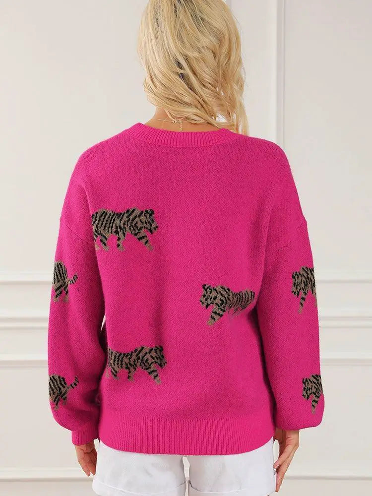 Fashion Women Long Sleeve Pullover Top Animal Print Sweater
