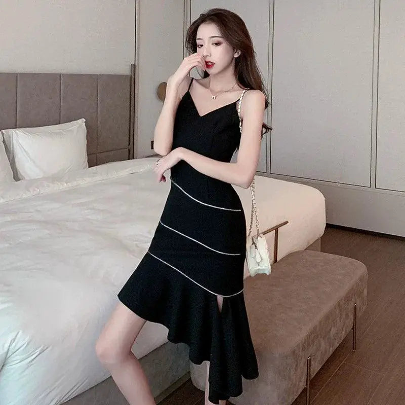 Elegant Ruffle V-Neck Gown Korean Style Dress Slim Fit