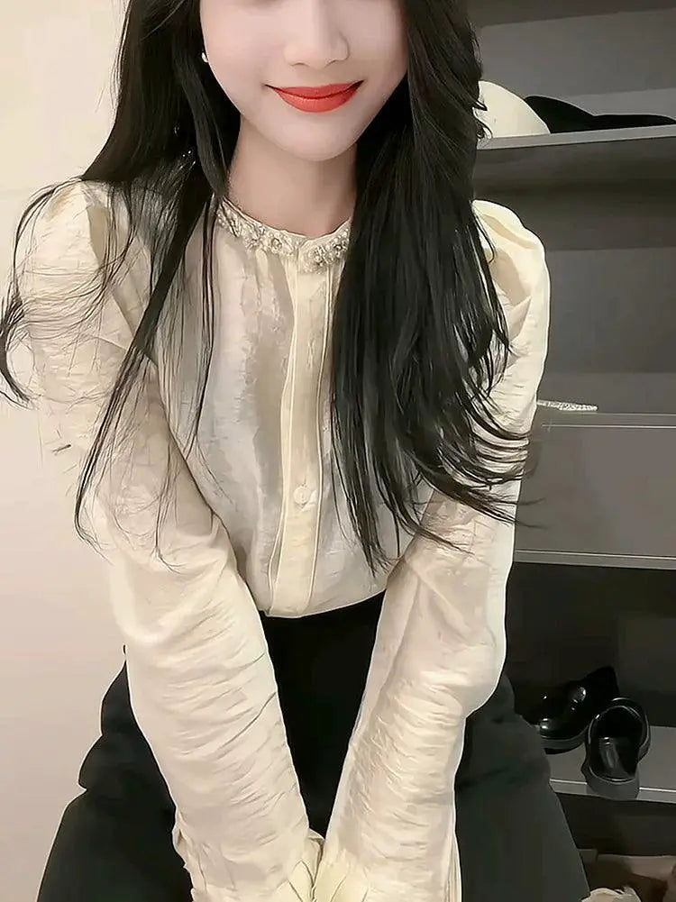 French Short Shirt Diamond Pleated Bell Sleeve Top
