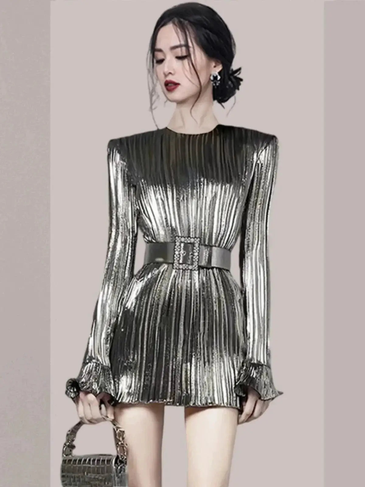 Luxurious Silver Pleated Dress For Fall Fashion Elegance