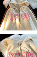 Autumn Puff Print Hooded Cardigan Sweater For Teens