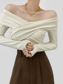 Stylish Cross-Pleated V-neck Off-Shoulder Knitwear Chic Elegance