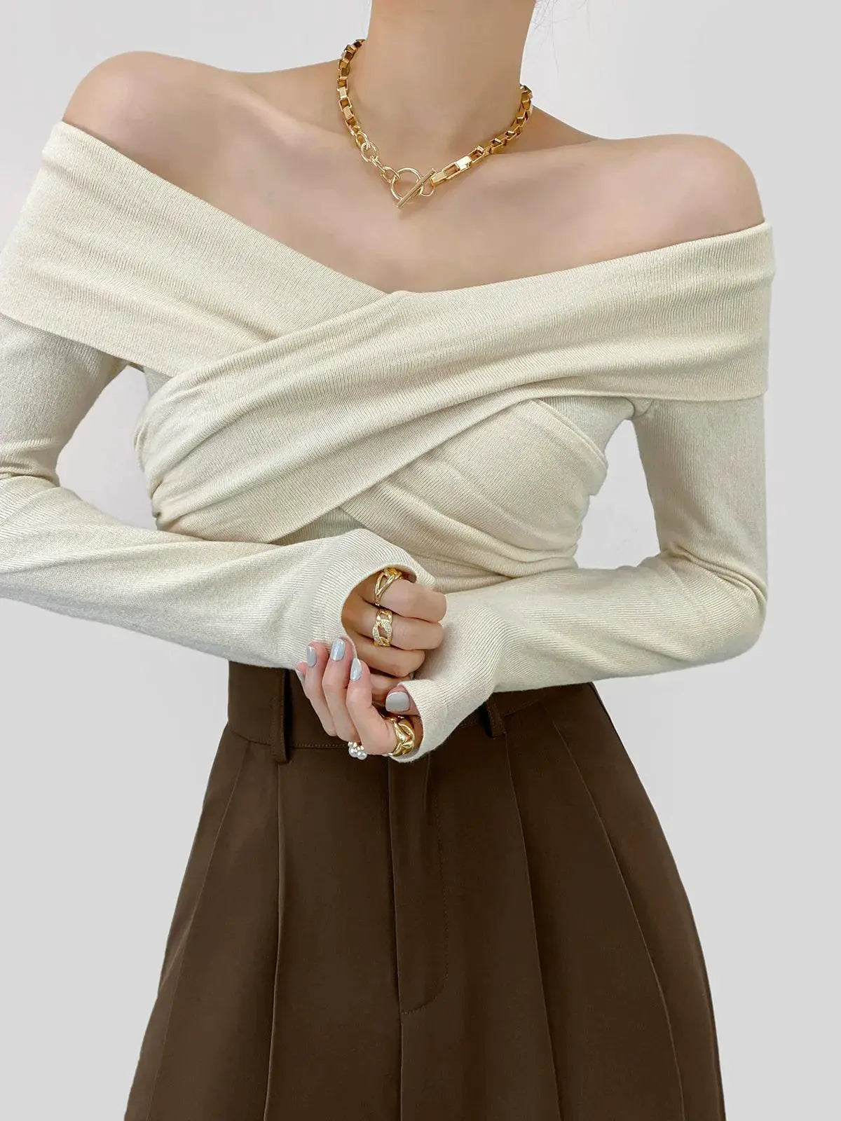 Cross Pleated V Neck Off Shoulder Knitwear Chic Elegance