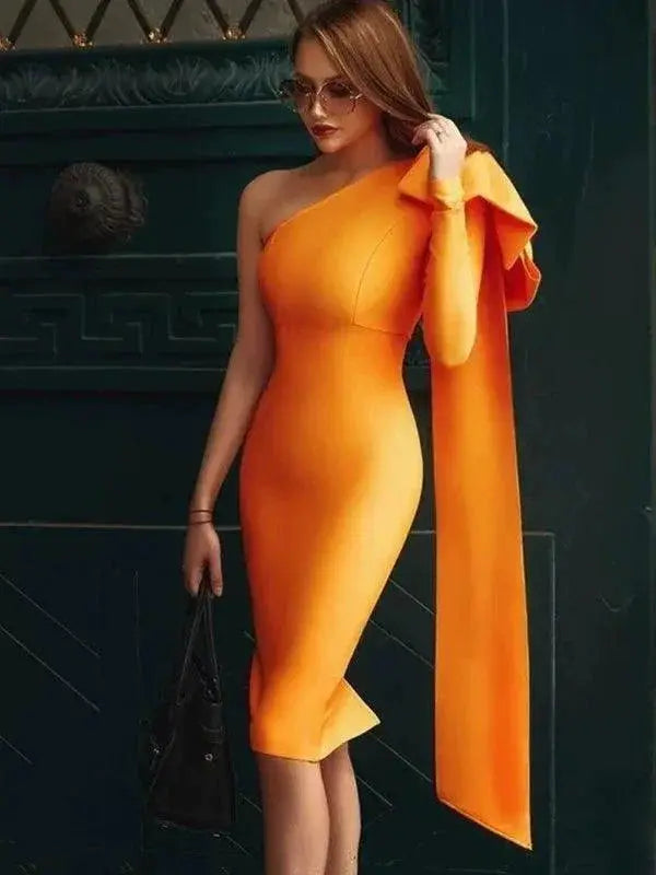 Orange One Shoulder Bandage Dress Winter Statement