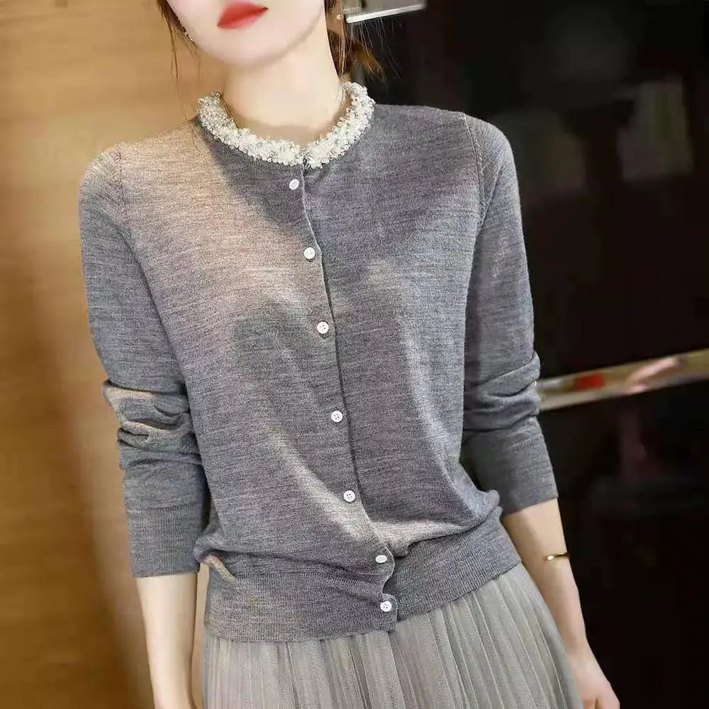 White Wool Cardigan With Beaded Detailing For Autumn