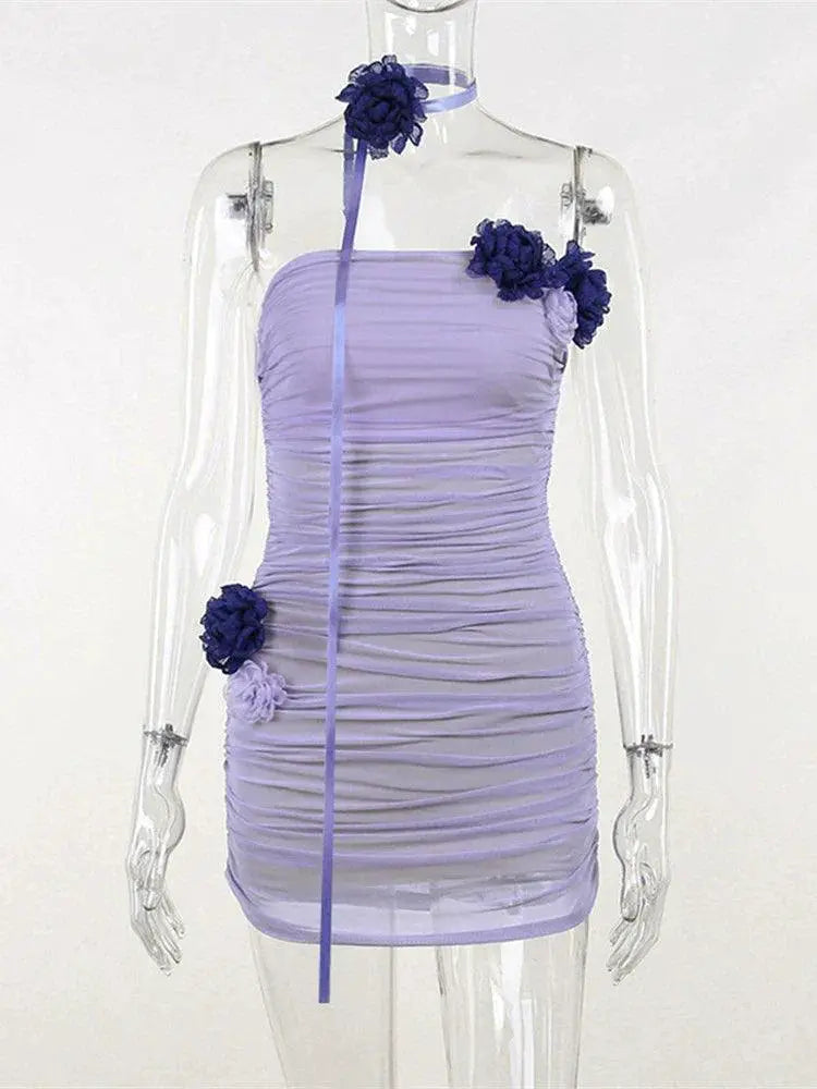 Floral Mesh Dress With 3D Flower Skirt And Scarf Set