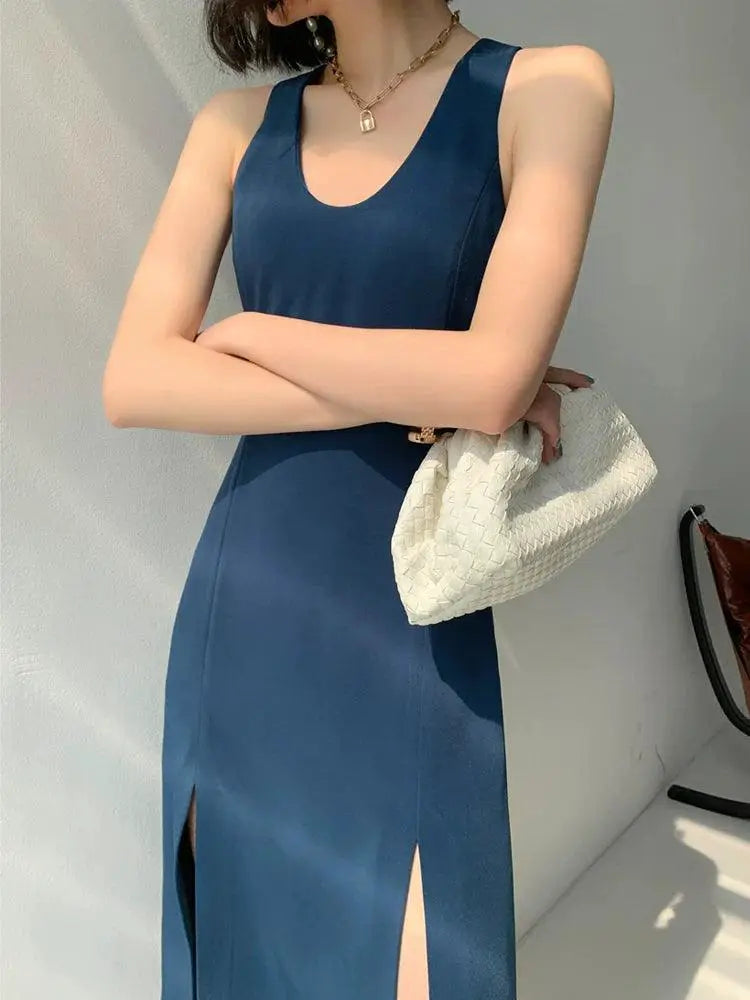 Blue Slim Fit Summer Vest Dress Elegant Womens Fashion