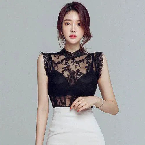 Black Lace Mesh Shirt For Women Summer Fashion Elegance
