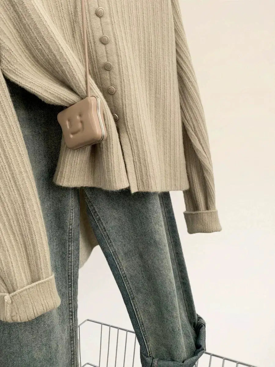 Cozy Oatmeal V Neck Split Sweater Winter Fashion Essential