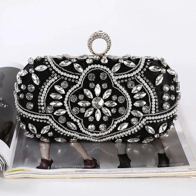 Elegant Crystal Clutch Bag Pearl Evening Purse Glam Events