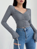 Liviahome Ruched V-neck Long Sleeve Shirt Stylish 2024 Fashion