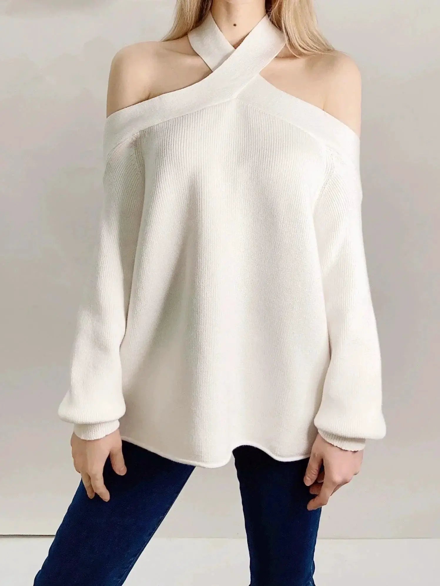 Cross Collar Lantern Sweater Chic Streetwear Classic Style