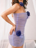 Floral Mesh Dress: 3D Flower Skirt & Scarf Set Elegance