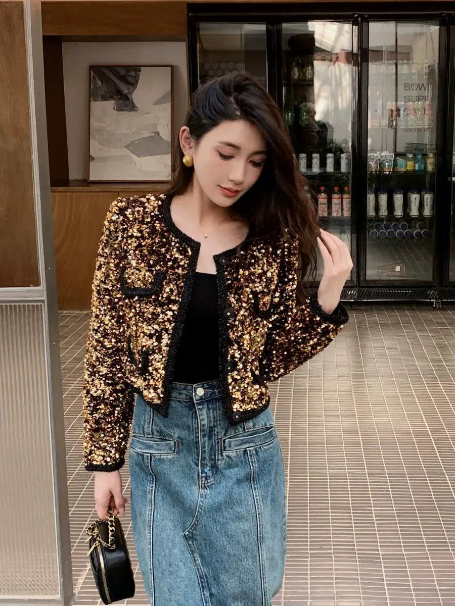 Fujia Gold Sequin Jacket Radiates Elegant Evening Glamour