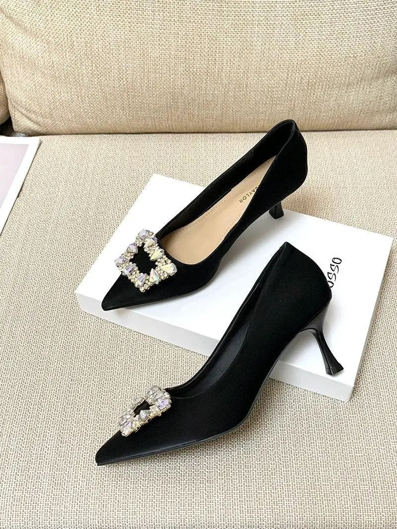 Black Flats With Rhinestone Square Buckle For Elegant Style