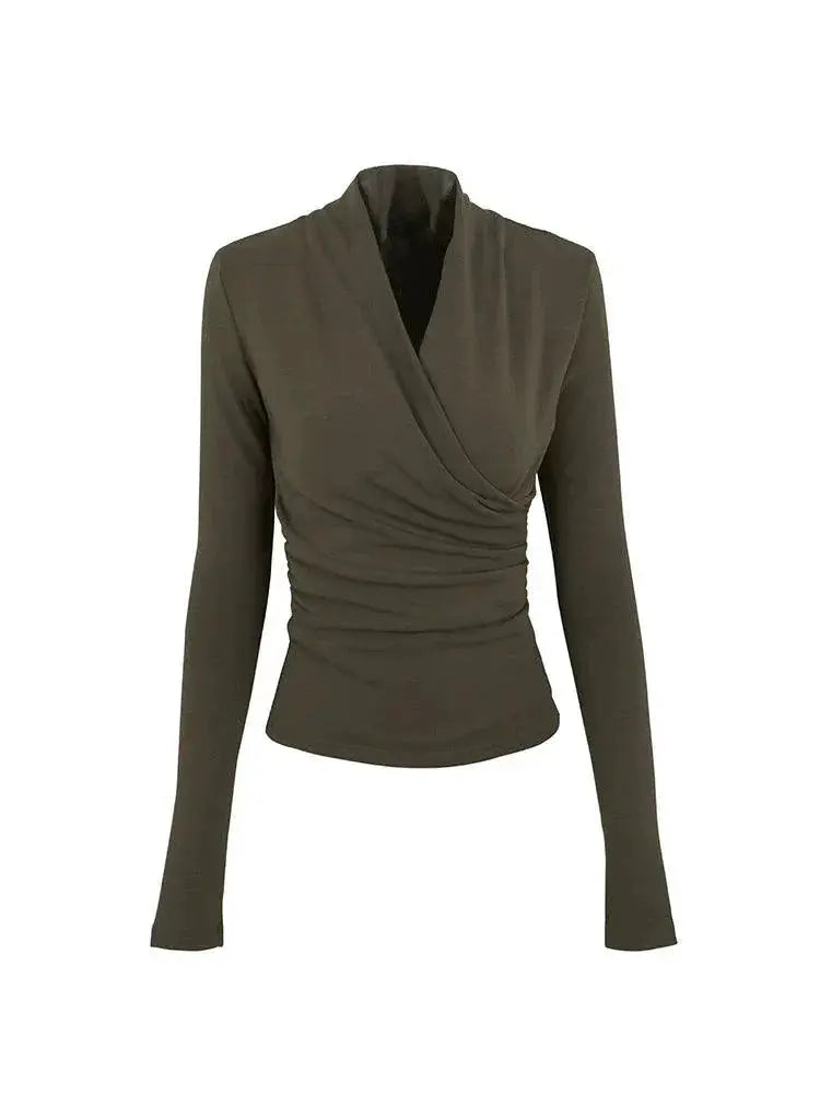 Autumn V Neck Ruched Shirt Elegant Slim Fit Top Stylish