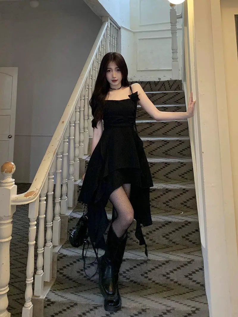 Women's Black Belly Cover Slim Suspender Dress 2023