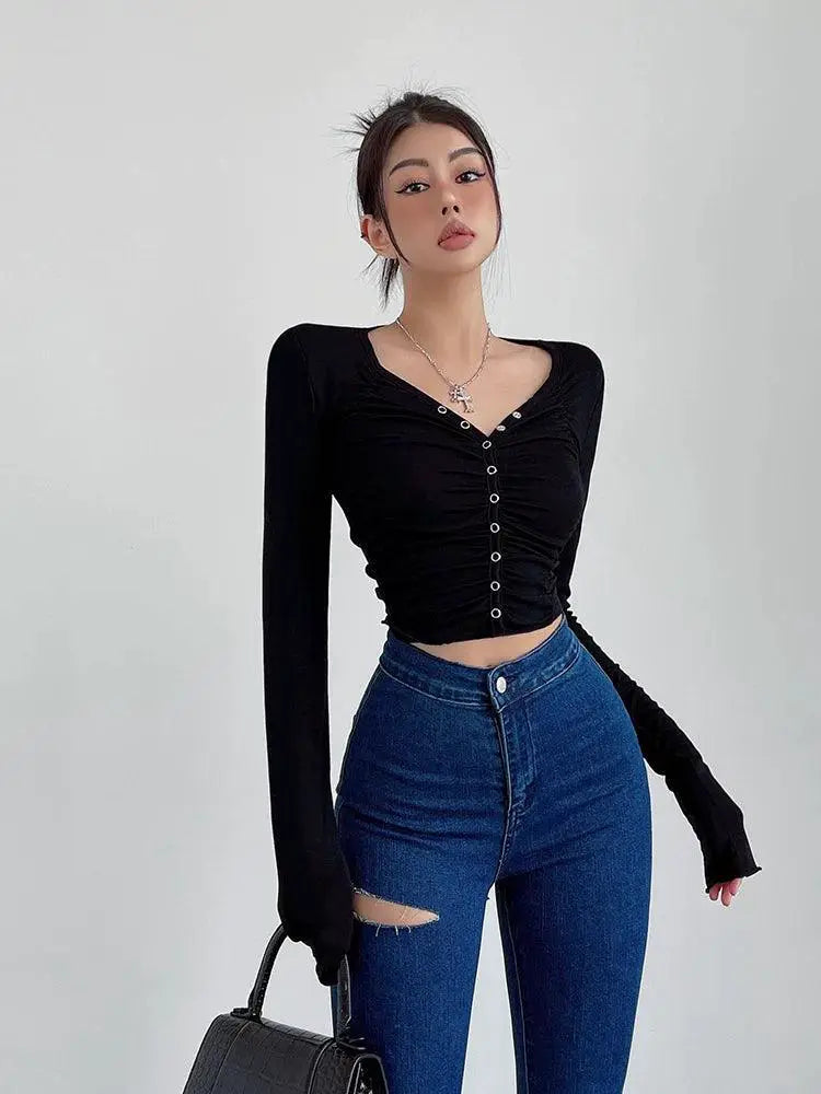 Liviahome Ruched V Neck Long Sleeve Shirt 2024 Fashion