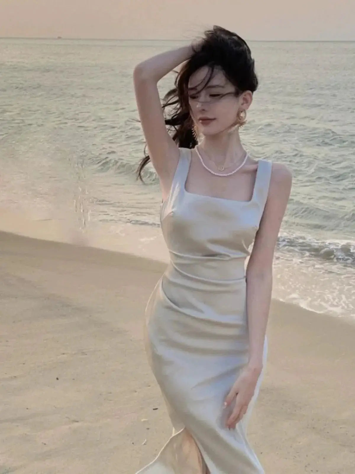 White Satin Sling Dress Chic Elegant Event Wear for Women