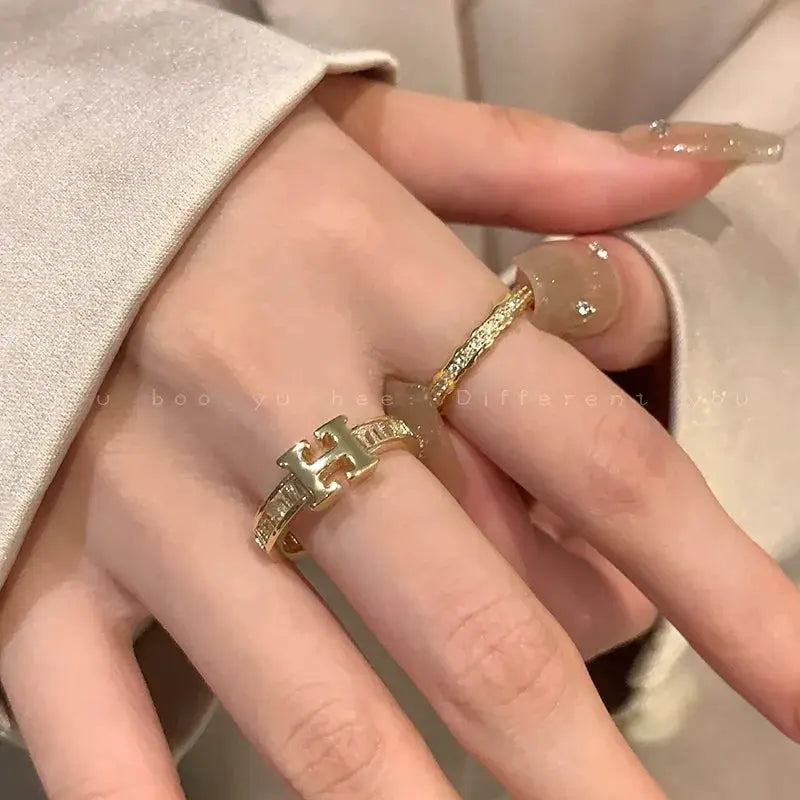 Letter Ring For Women Retro Opening Gold Index Finger Zircon
