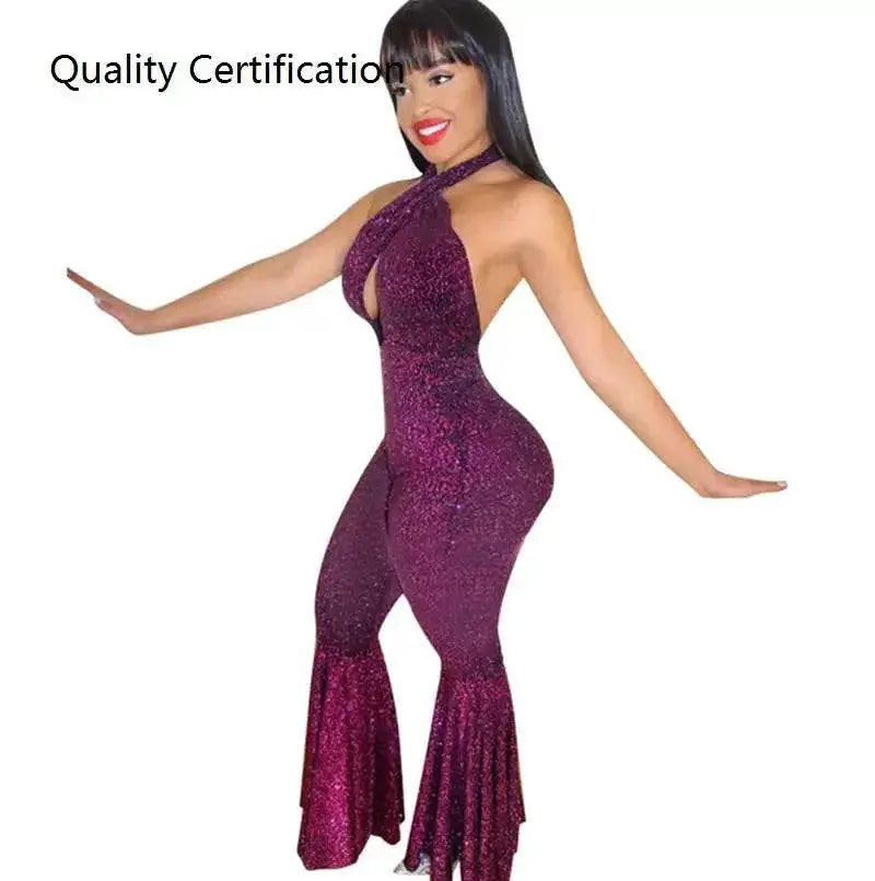 Nightclub Sparkly Backless Flared Catsuit Elegant Fashion