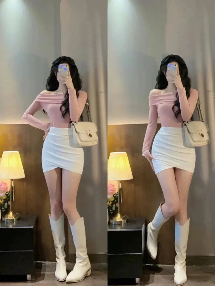 Pink Off Shoulder Slim Fit T Shirt Korean Chic Style