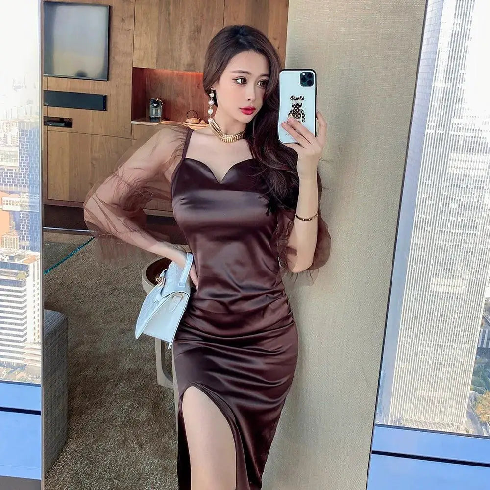 Chic Retro V Neck Satin Dress For Sophisticated Women
